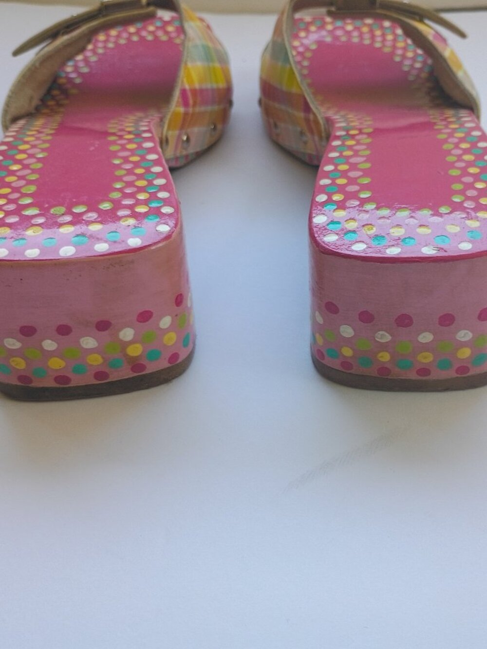 VINTAGE Painted Dr Scholl’s Original Wood Sandals Art Hand Painted Dots Size 7 - Picture 4 of 8